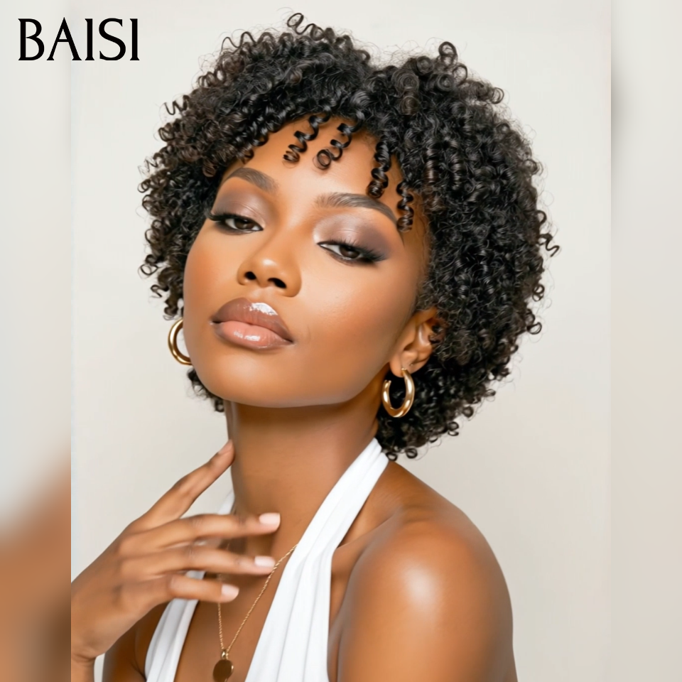BAISI  13×4 lace  Perruques Pixie Afro curly sans colle  en couleur Noir 68€ ou fabriqué à la machine noir perruque 43€ en 100% cheveux humains