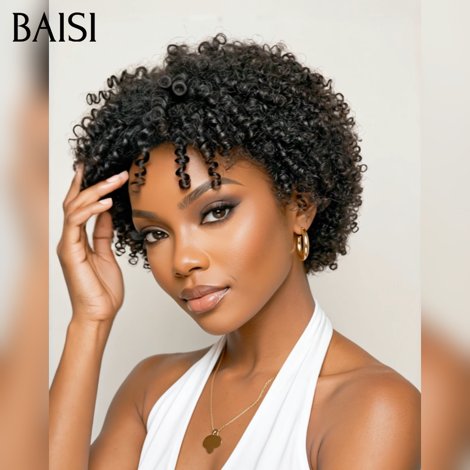 BAISI  13×4 lace  Perruques Pixie Afro curly sans colle  en couleur Noir 68€ ou fabriqué à la machine noir perruque 43€ en 100% cheveux humains