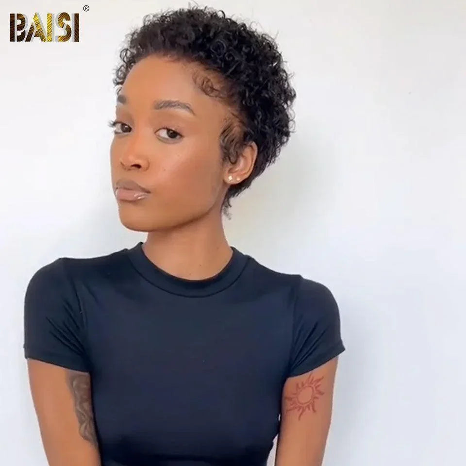 BAISI Pixie Afro curly sans Colle Fabriqué à la Machine afro curl 58€ ou Cut Lace Frontal 13x4 Curly Noir 70€ en 100% Vrais Cheveux Humains D