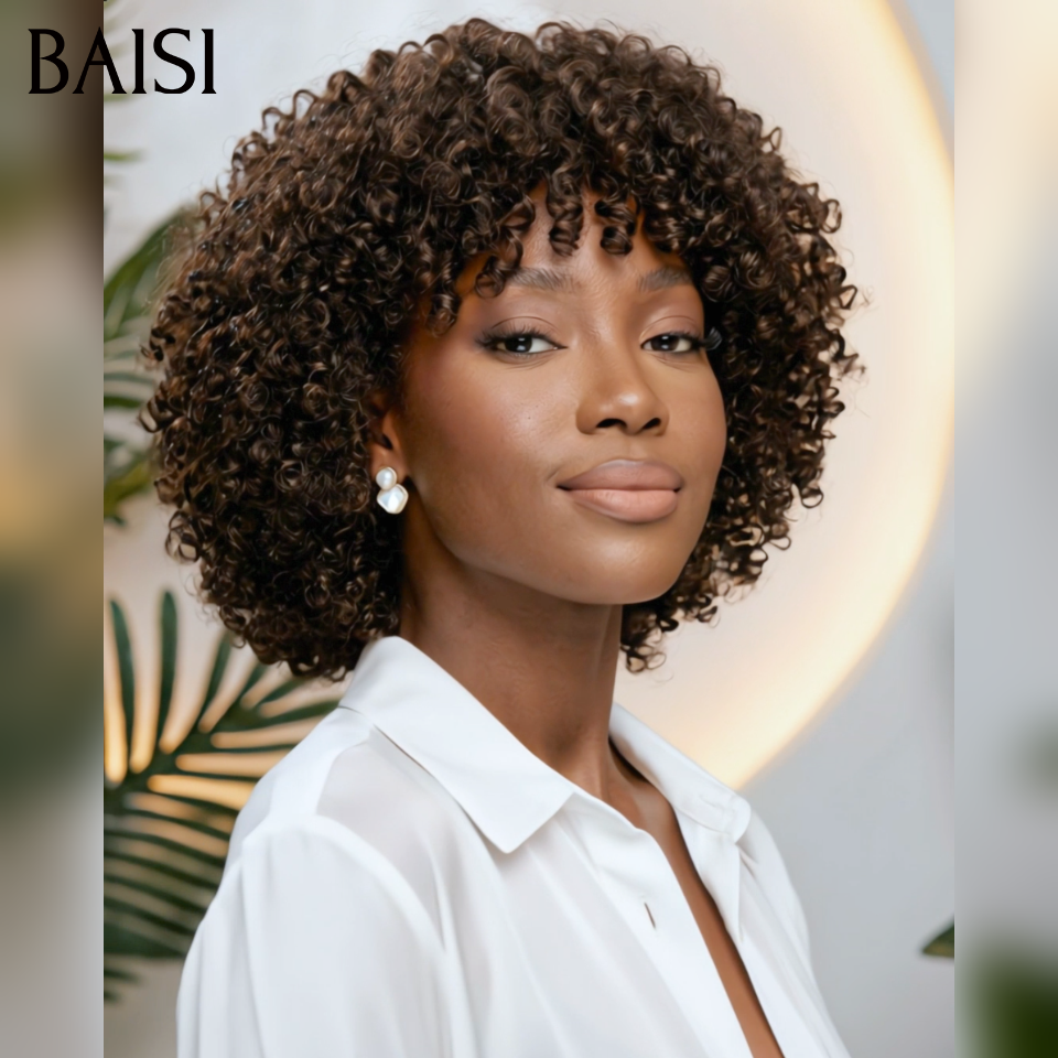 Perruque promo 46€ curly wave avec frange Marron 1BT4#  sans colle Fabriqué à la Machine en 100% Cheveux Humains