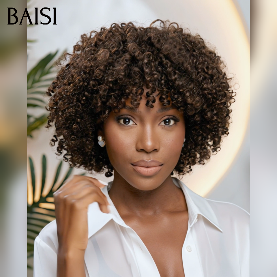 Perruque promo 46€ curly wave avec frange Marron 1BT4#  sans colle Fabriqué à la Machine en 100% Cheveux Humains
