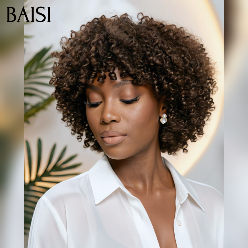 Perruque promo 46€ curly wave avec frange Marron 1BT4#  sans colle Fabriqué à la Machine en 100% Cheveux Humains