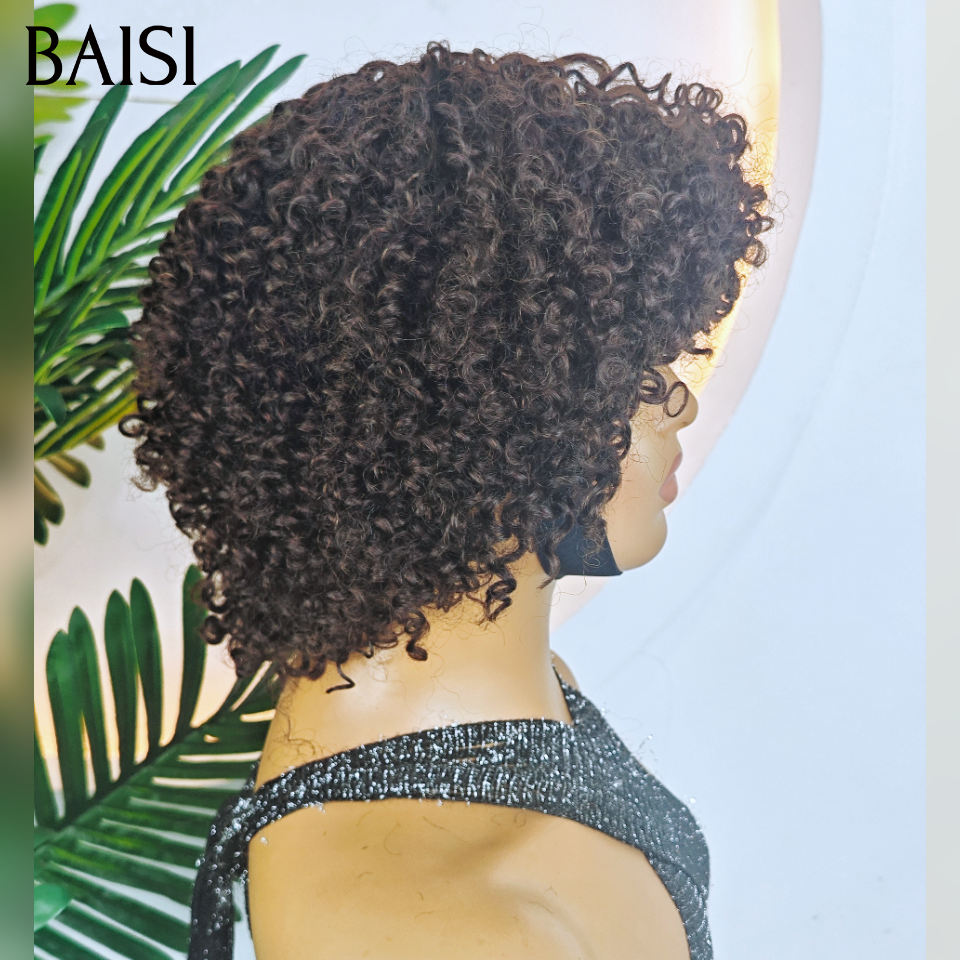 BAISI  Perruque pixie 45€ curly Wave avec Frange petite coupe fabriqué à la machine En 100% Cheveux Humains