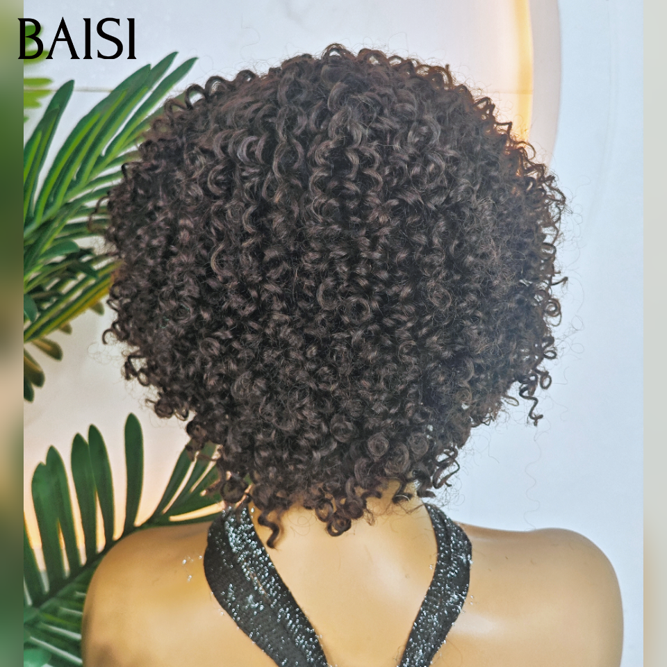 BAISI  Perruque pixie 45€ curly Wave avec Frange petite coupe fabriqué à la machine En 100% Cheveux Humains