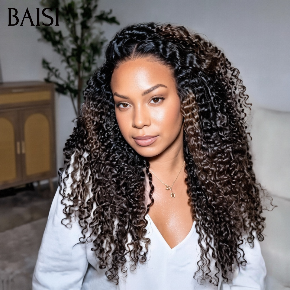 BAISI perruque Upgrade Invisible Strap 360 lace curly wave en couleur NOIR Mixte Marron 360 invisible Pas Besoin de Colle 250% densité Respirant et confortable en 100% Raw Hair Lace déjà couper