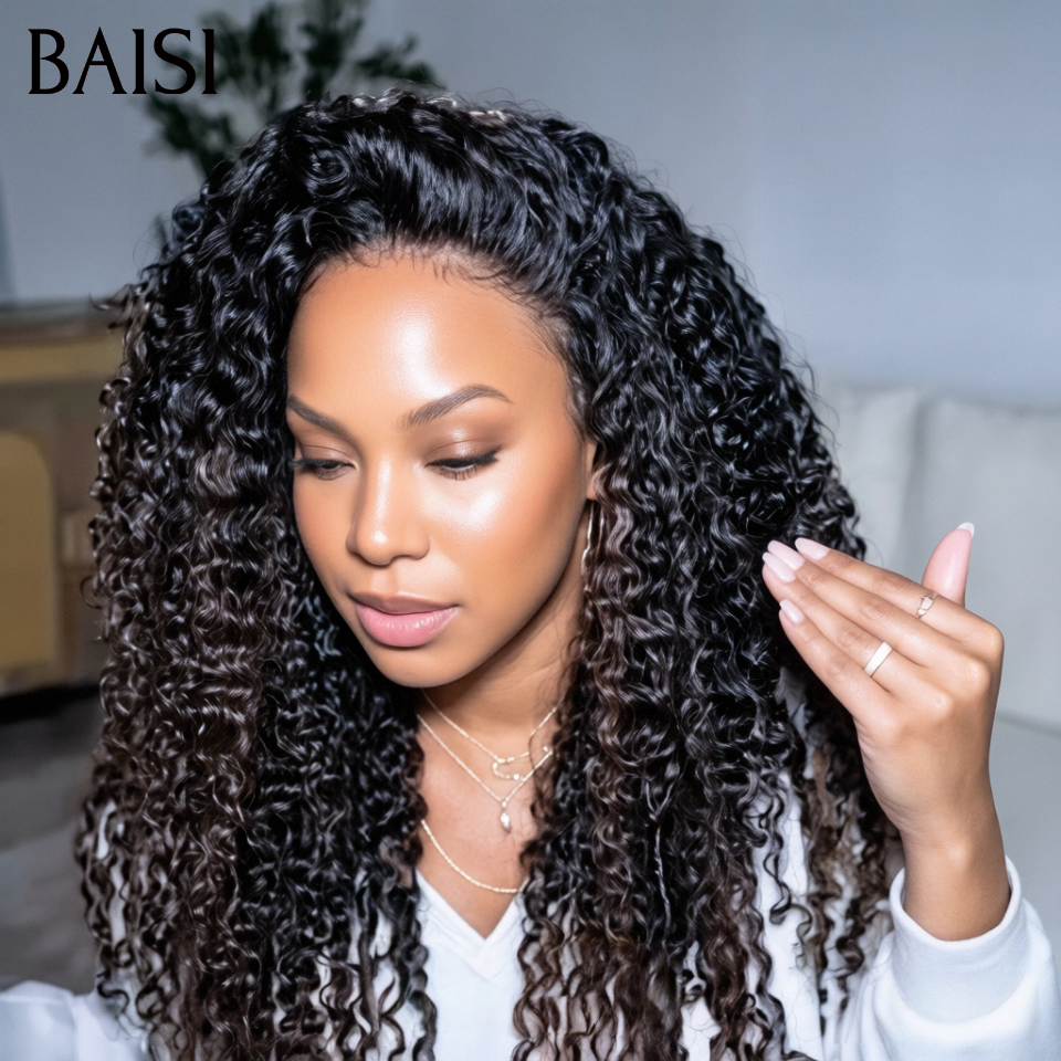 BAISI perruque Upgrade Invisible Strap 360 lace curly wave en couleur NOIR Mixte Marron 360 invisible Pas Besoin de Colle 250% densité Respirant et confortable en 100% Raw Hair Lace déjà couper