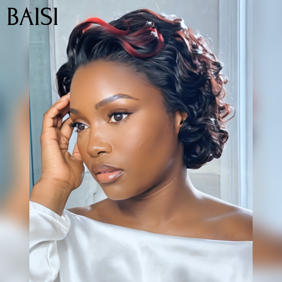 BAISI Perruque Pixie bouclé jolie coupe 52€ Moitié Prix NOIR Mixte Bordeaux 99J# En 100% Vrais Cheveux Humains MP50
