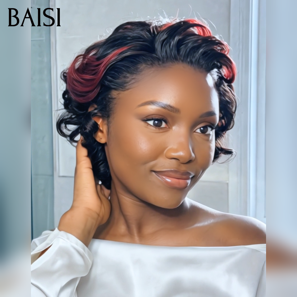 BAISI Perruque Pixie bouclé jolie coupe 52€ Moitié Prix NOIR Mixte Bordeaux 99J# En 100% Vrais Cheveux Humains MP50