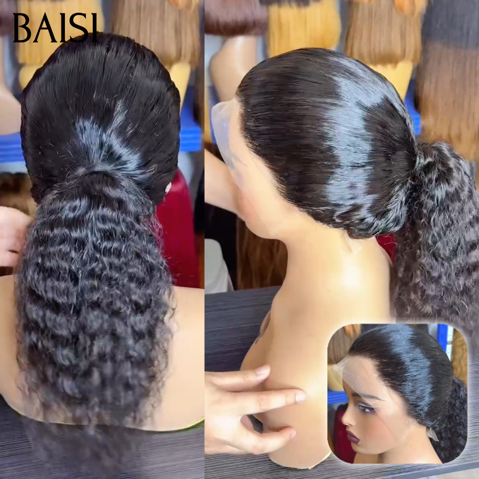 13x4 lace frontal Perruque Coiffée 18 pouce 100€ curly wave raw hair en Noir avec coiffure tressée natte en 100% Vrais Cheveux Humains