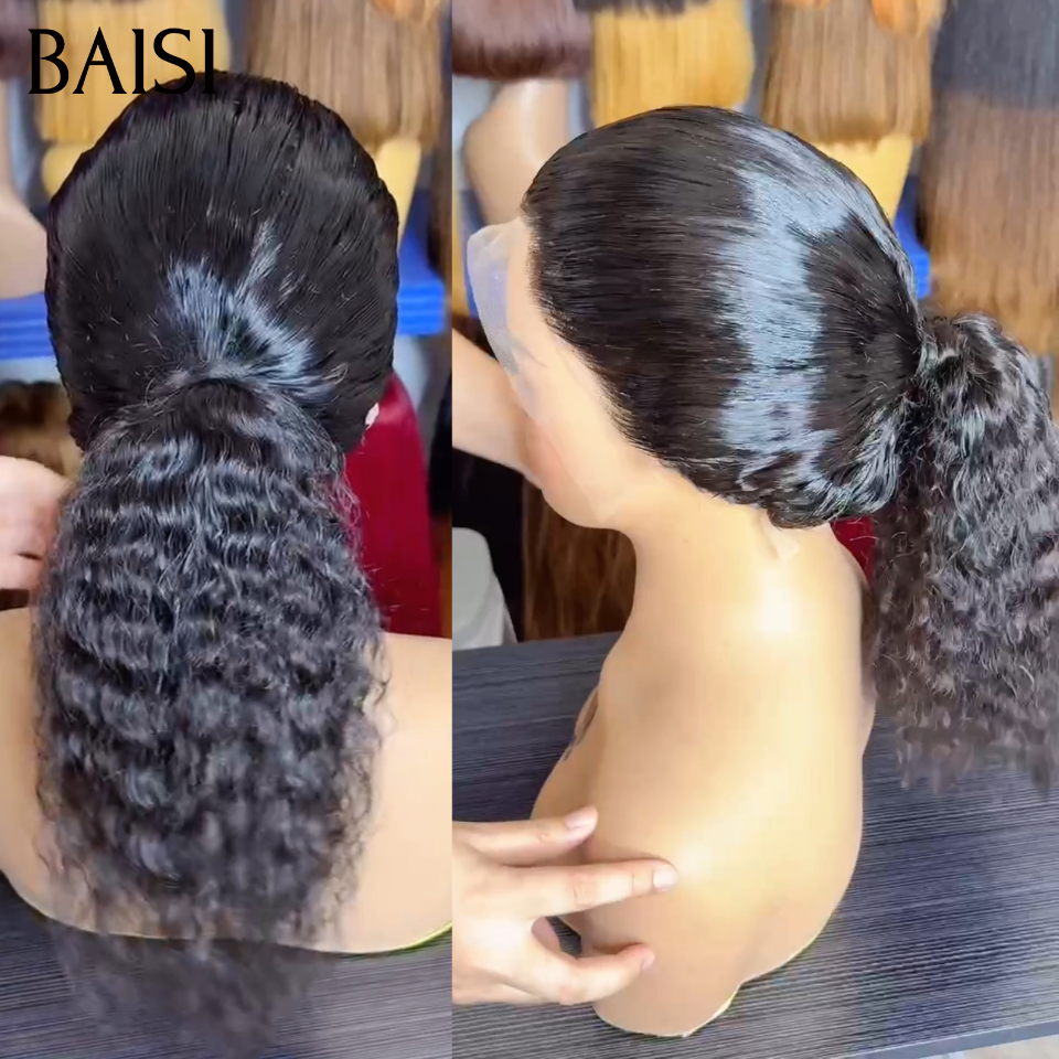 13x4 lace frontal Perruque Coiffée 18 pouce 100€ curly wave raw hair en Noir avec coiffure tressée natte en 100% Vrais Cheveux Humains