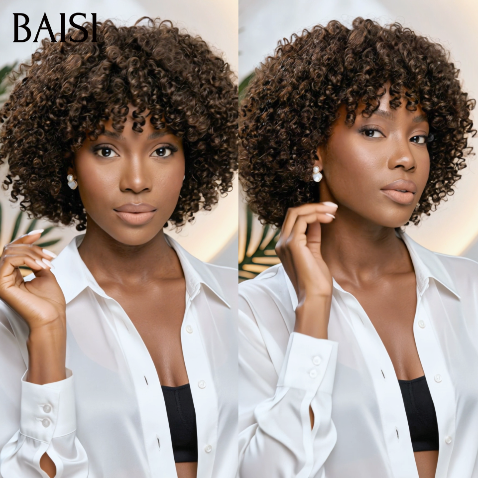 Perruque promo 46€ curly wave avec frange Marron 1BT4#  sans colle Fabriqué à la Machine en 100% Cheveux Humains