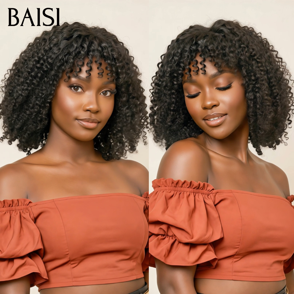 BAISI 8 Pouce 49€ Perruque BOB curly Wave avec Frange petite coupe fabriqué à la machine En 100% Cheveux Humains