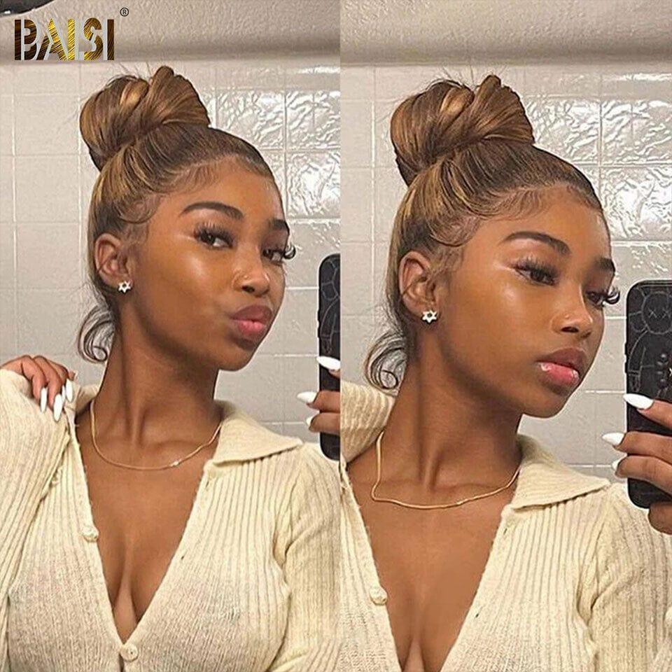BAISI 360 Lace Perruque Lisse en Couleur Marron mix Miel 4#mix27# ou orange 350#en Vrais Cheveux Humains Coiffure Chignion