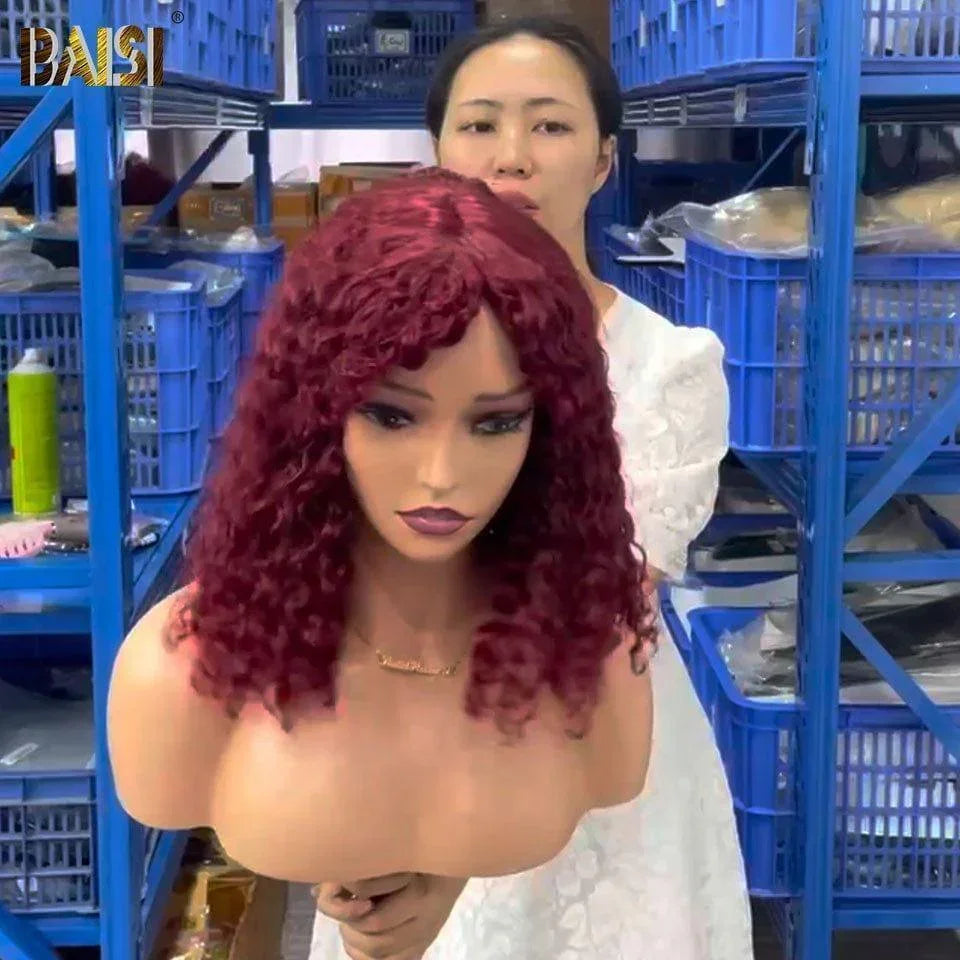 Parrucca riccia BAISI con onde profonde e frangia 12 pollici nel colore 99J o marrone in capelli umani al 100% FR38