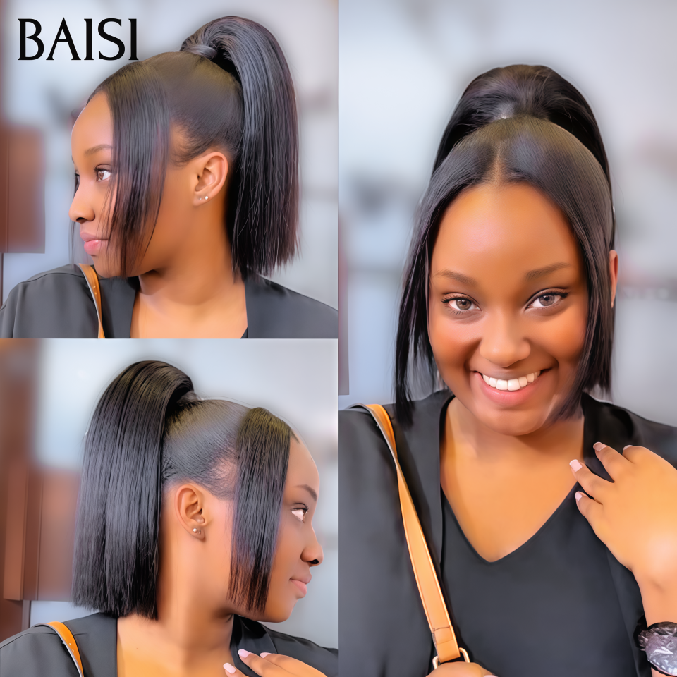 Perruque coiffée 10 pouce 89€ bob 13x4 lace frontal Lisse avec Queue de Cheval natte NOIR en 100% Cheveux Humains