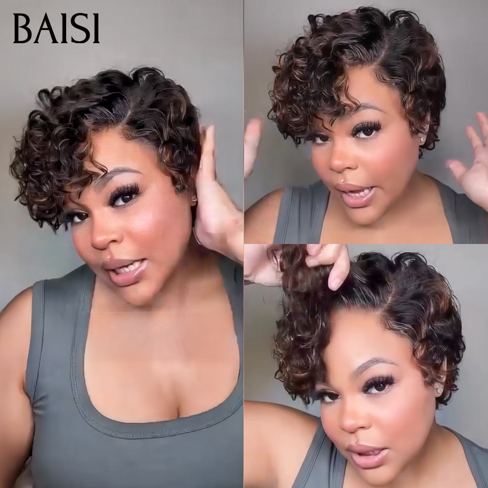 Promotion pixie 13x4 lace frontal Perruque boucle 8 Pouce 68€ BOB en couleur mixte Marron en 100% Cheveux Humains