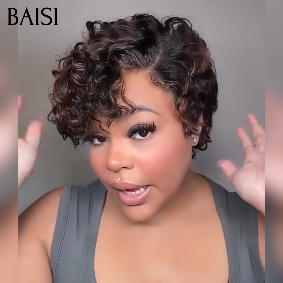 Promotion pixie 13x4 lace frontal Perruque boucle 8 Pouce 68€ BOB en couleur mixte Marron en 100% Cheveux Humains