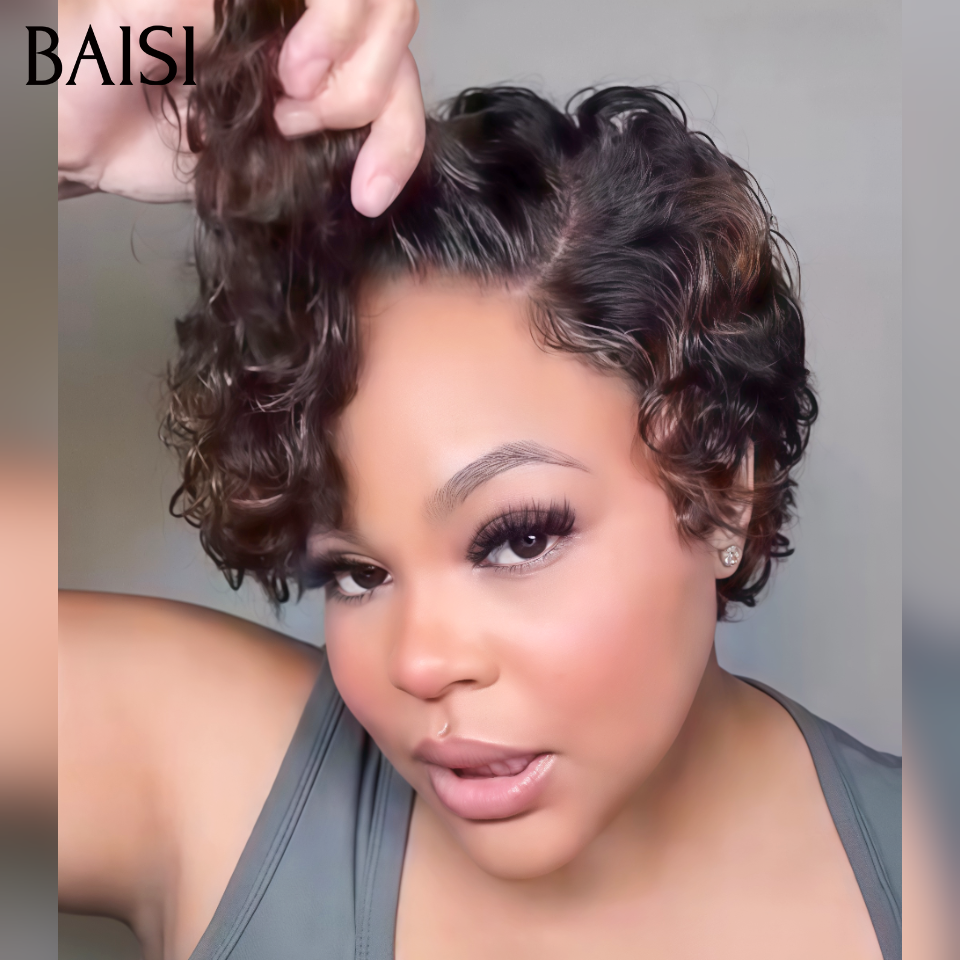 Promotion pixie 13x4 lace frontal Perruque boucle 8 Pouce 68€ BOB en couleur mixte Marron en 100% Cheveux Humains