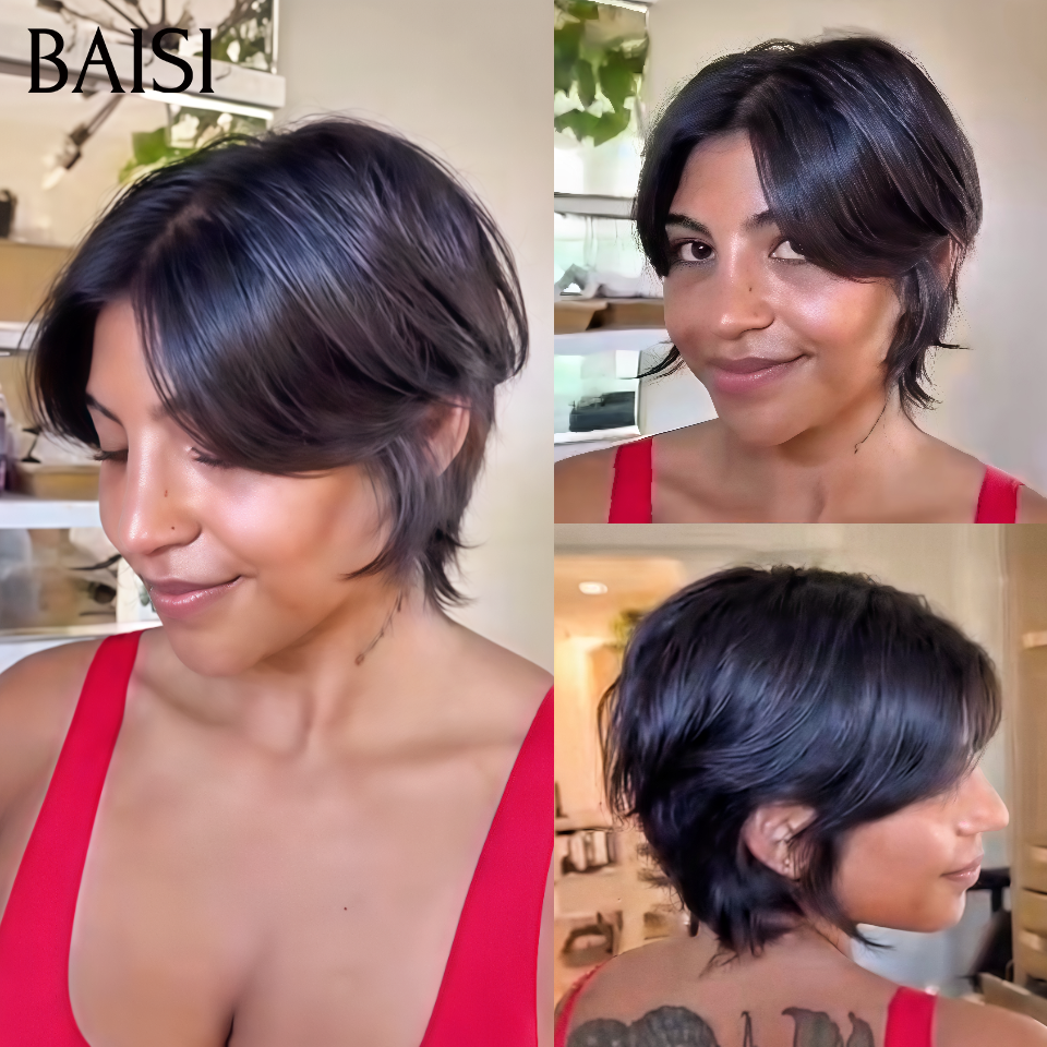 BAISI  PROMO 59€ petite coupe fabriqué à la machine lisse en couleur noir En 100% Cheveux Humains