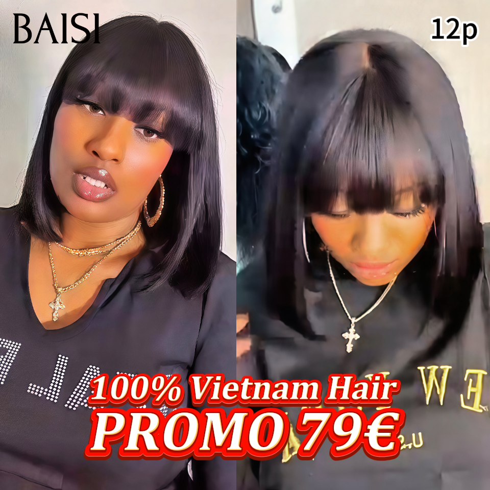 BAISI perruque SDD BONE STRAIGHT Lisse BOB avec Frange de luxe 100% Vietnam Hair en 100% vrais cheveux humains