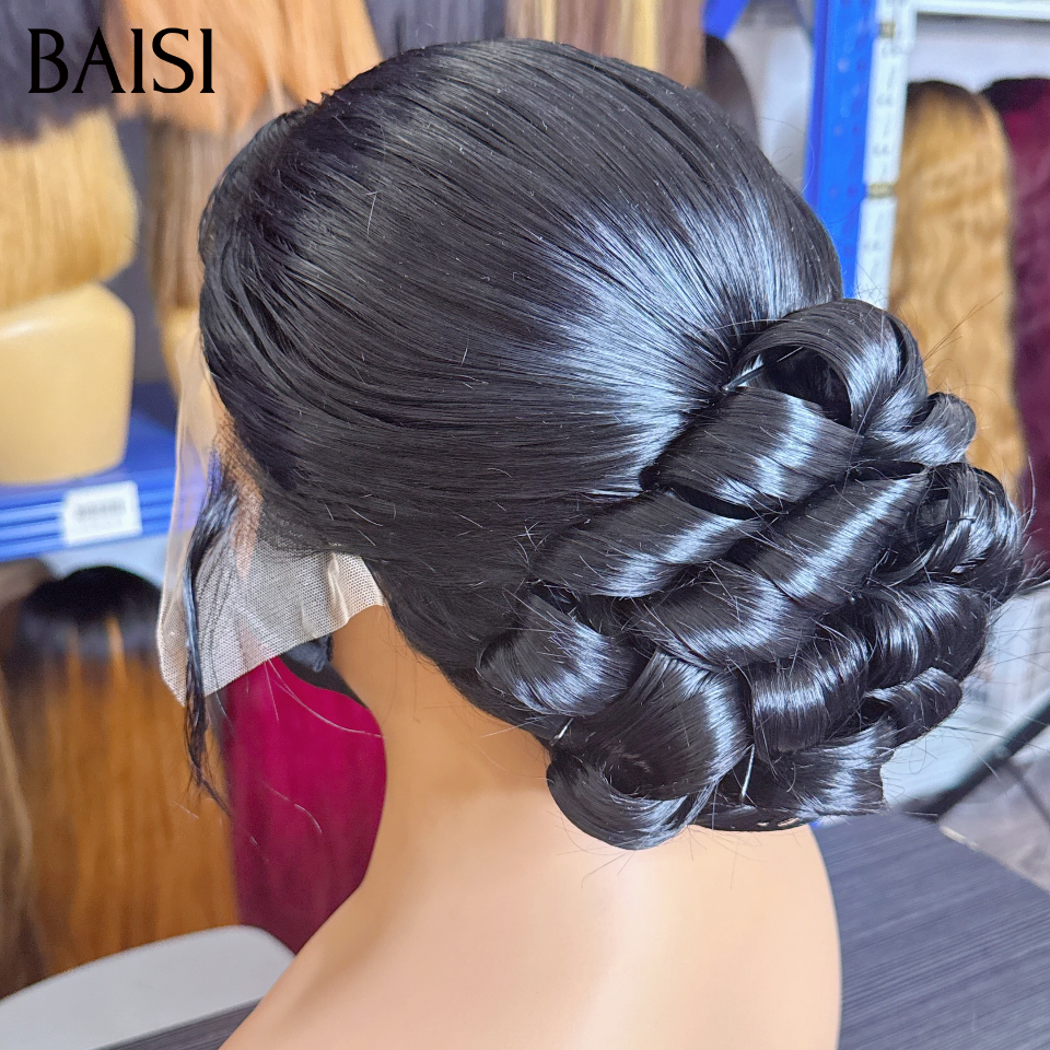 BAISI Perruque Coiffée 180€ 13X4 lace frontale de luxe Mariage noir Prête à porter chignon et personalisation événement spécial