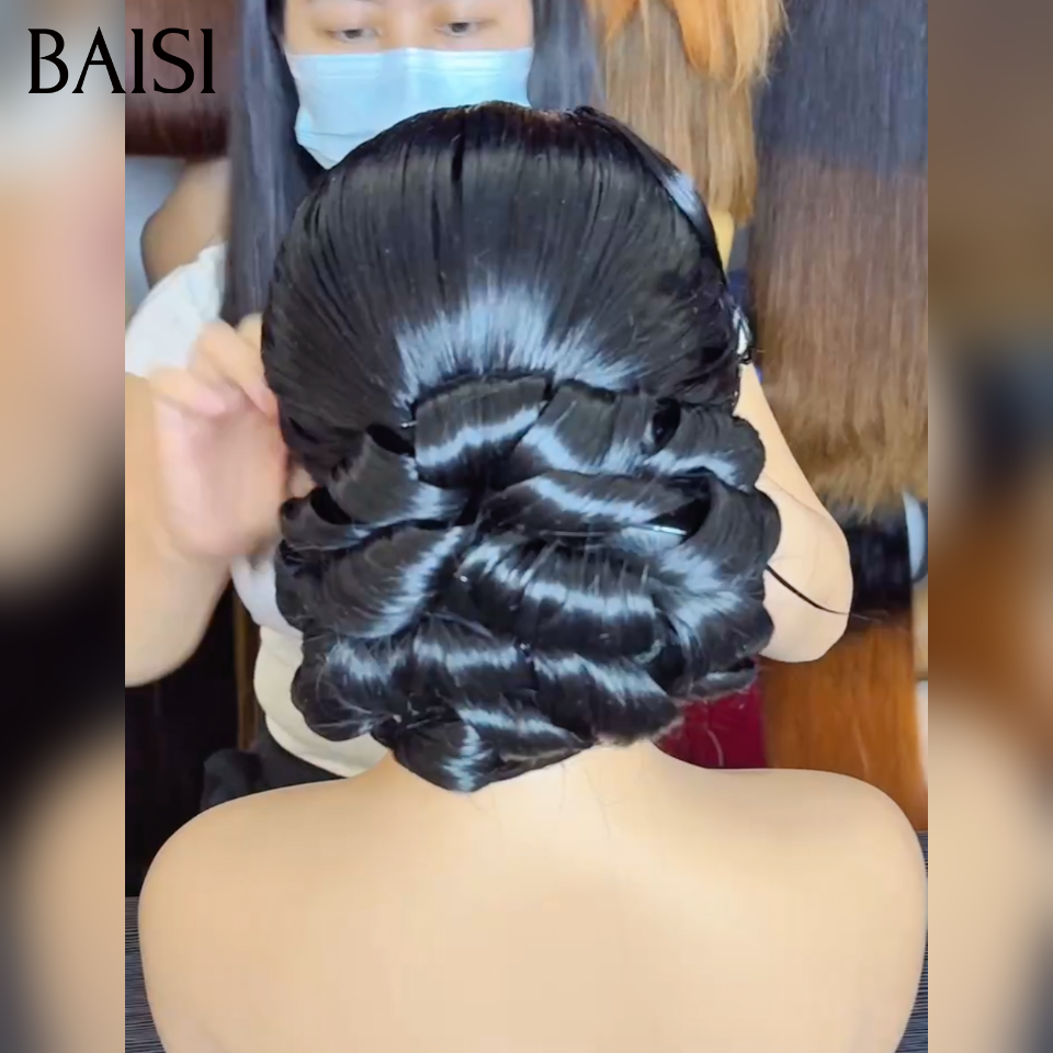 BAISI Perruque Coiffée 180€ 13X4 lace frontale de luxe Mariage noir Prête à porter chignon et personalisation événement spécial