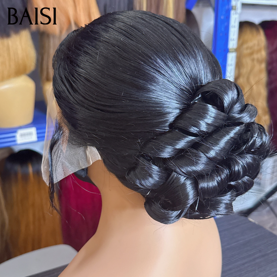 BAISI Perruque Coiffée 180€ 13X4 lace frontale de luxe Mariage noir Prête à porter chignon et personalisation événement spécial