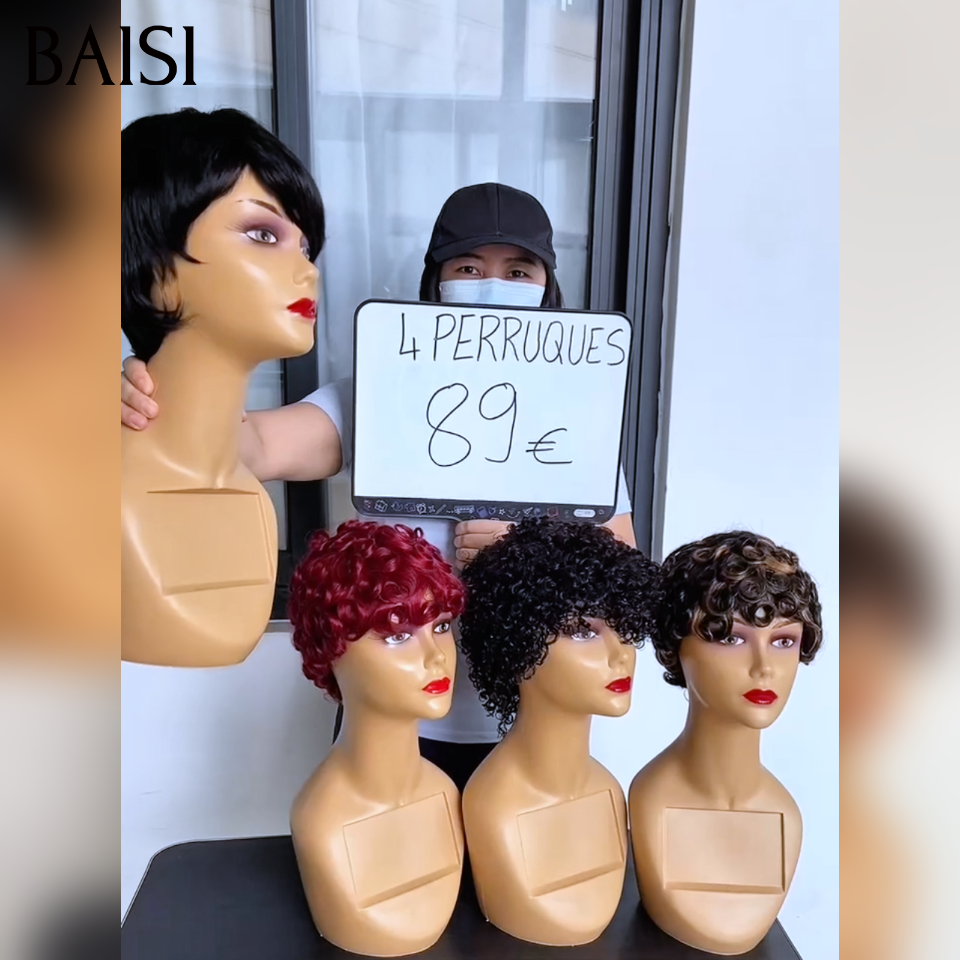 Vente flash Wear et Go 4 perruques 89€ pixie Lisse et finger wave Mixte Miel Fabriqué à la Machine Facile à porter en 100% Cheveux Humains for black women