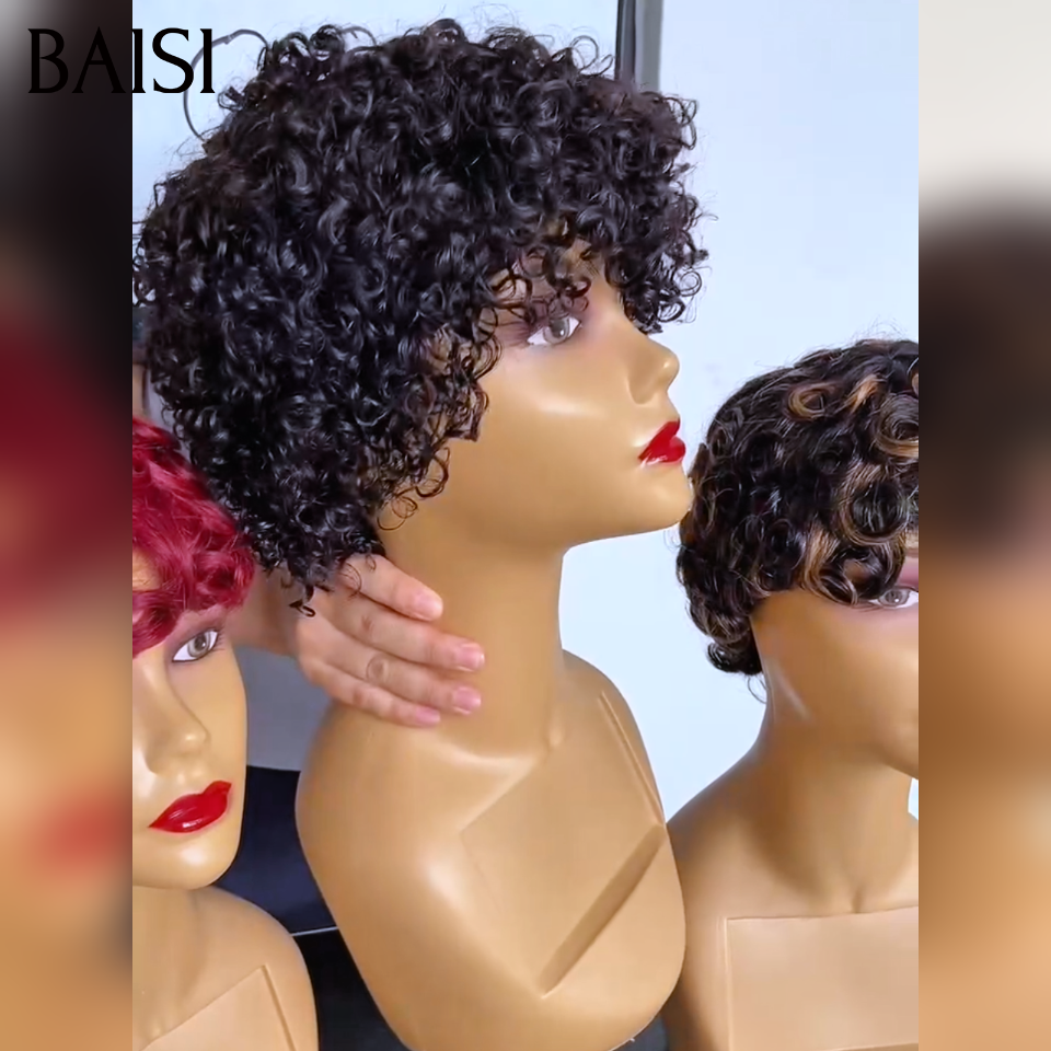 Vente flash Wear et Go 4 perruques 89€ pixie Lisse et finger wave Mixte Miel Fabriqué à la Machine Facile à porter en 100% Cheveux Humains for black women