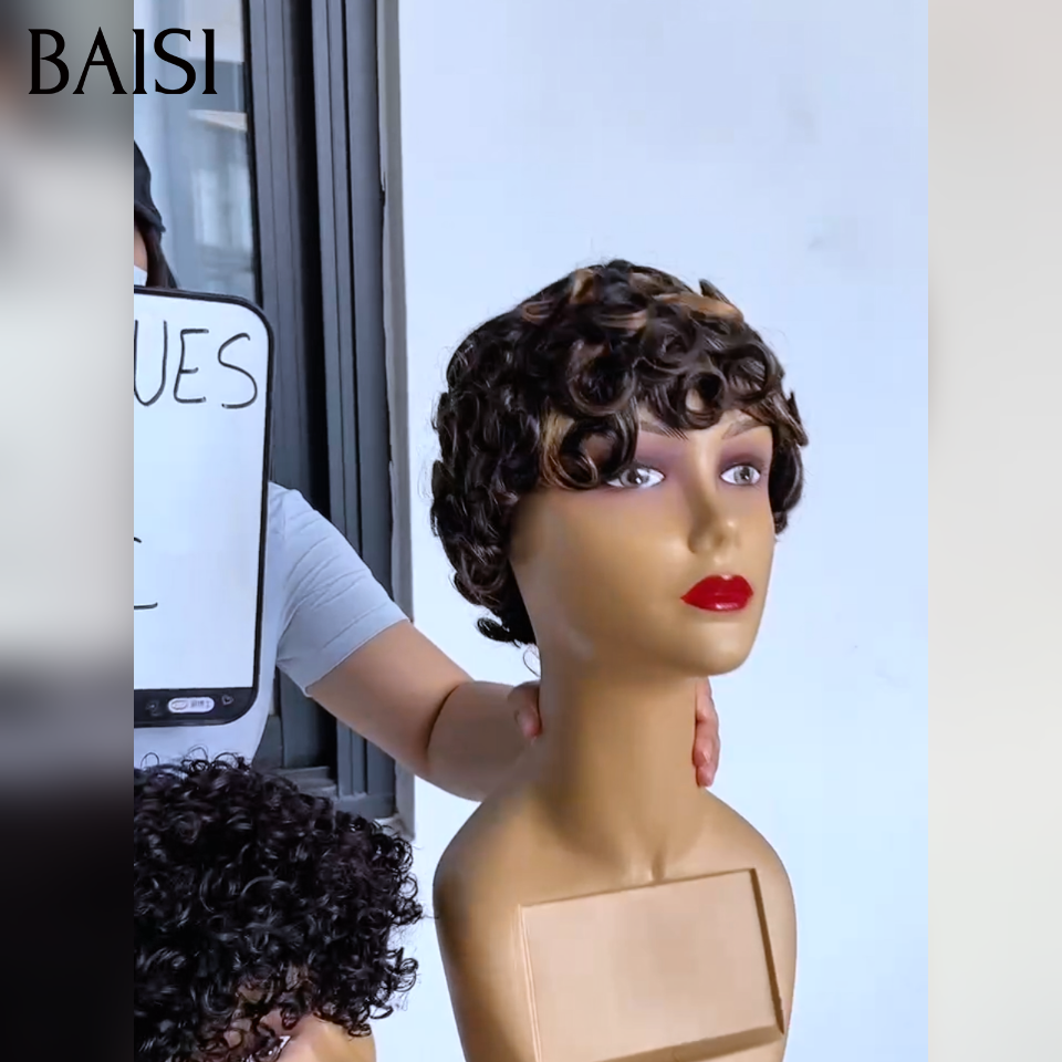 Vente flash Wear et Go 4 perruques 89€ pixie Lisse et finger wave Mixte Miel Fabriqué à la Machine Facile à porter en 100% Cheveux Humains for black women