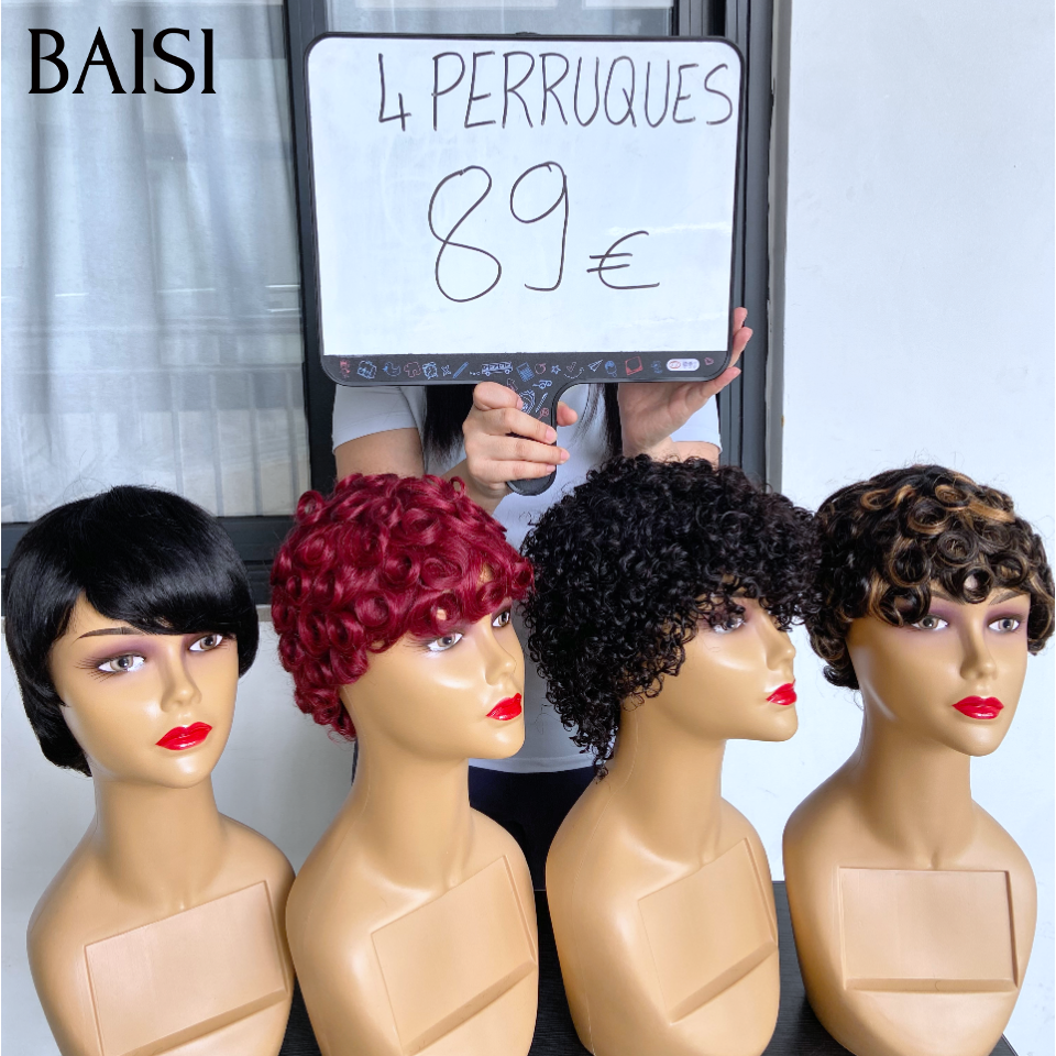 Vente flash Wear et Go 4 perruques 89€ pixie Lisse et finger wave Mixte Miel Fabriqué à la Machine Facile à porter en 100% Cheveux Humains for black women