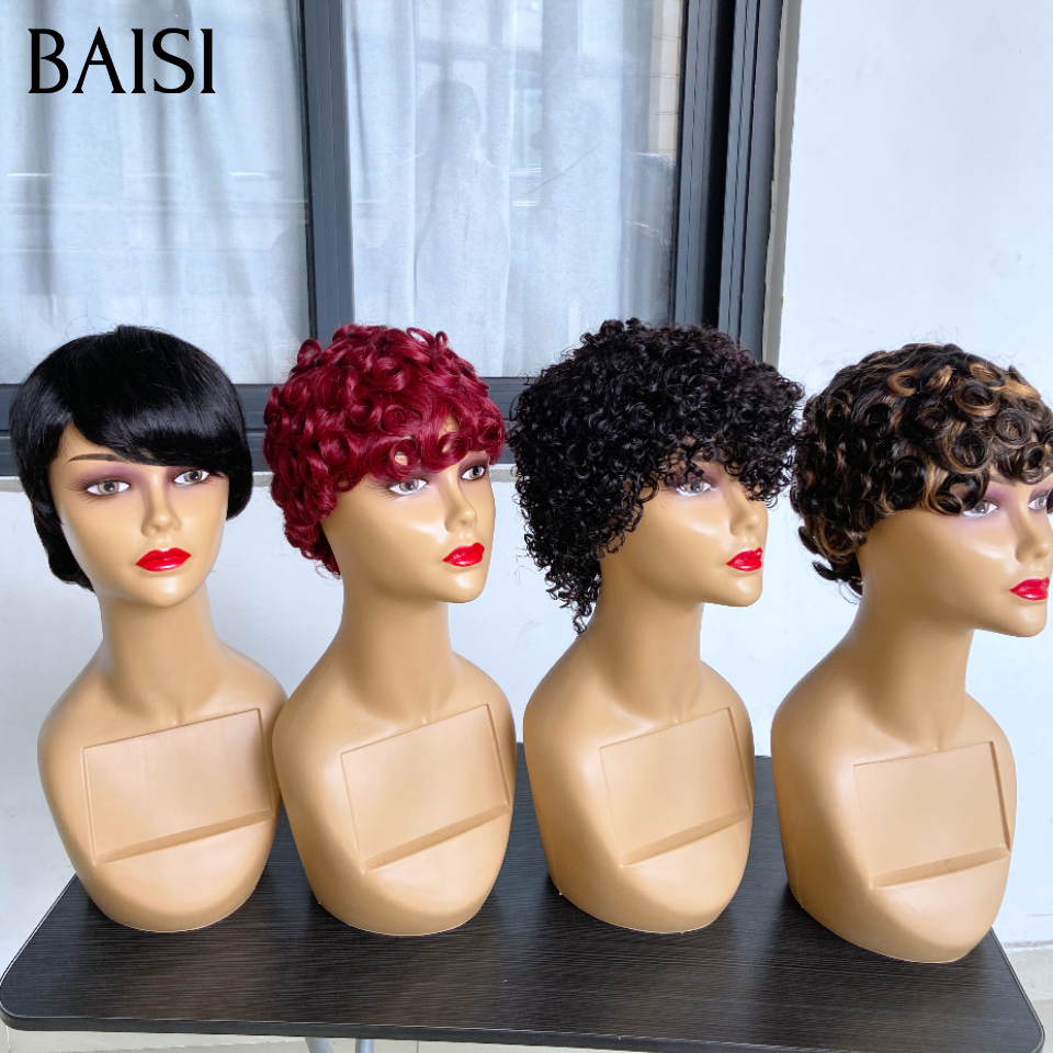 Vente flash Wear et Go 4 perruques 89€ pixie Lisse et finger wave Mixte Miel Fabriqué à la Machine Facile à porter en 100% Cheveux Humains for black women