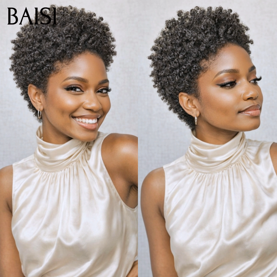 BAISI pixie afro curly perruque PROMO 40€ sans colle Sans lace NOIR en 100% Cheveux Humains for black women