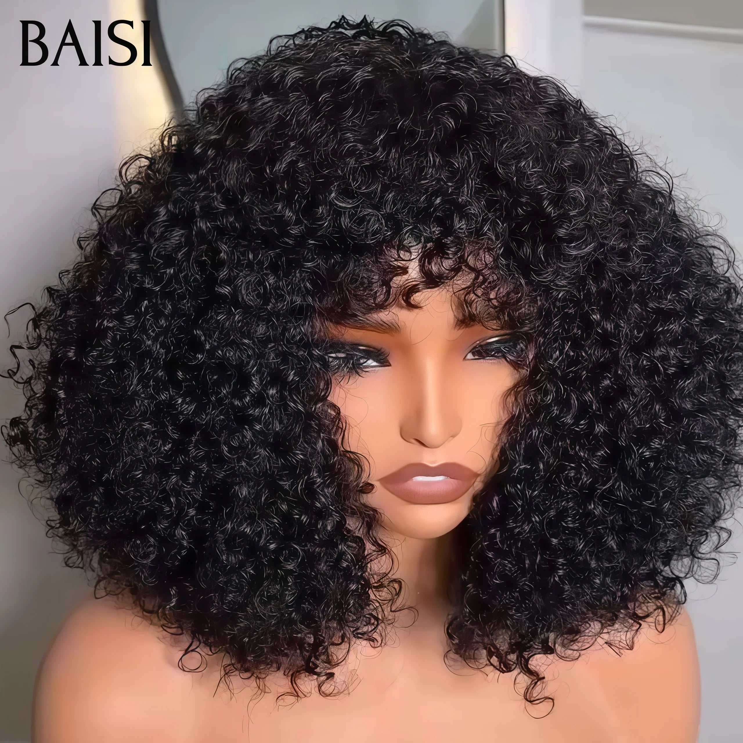 BAISI  Perruque PROMO 49€ Afro curly Wave avec Frange 8 Pouces en Couleur noir sans colle En 100% Vrais Cheveux Humais FR38
