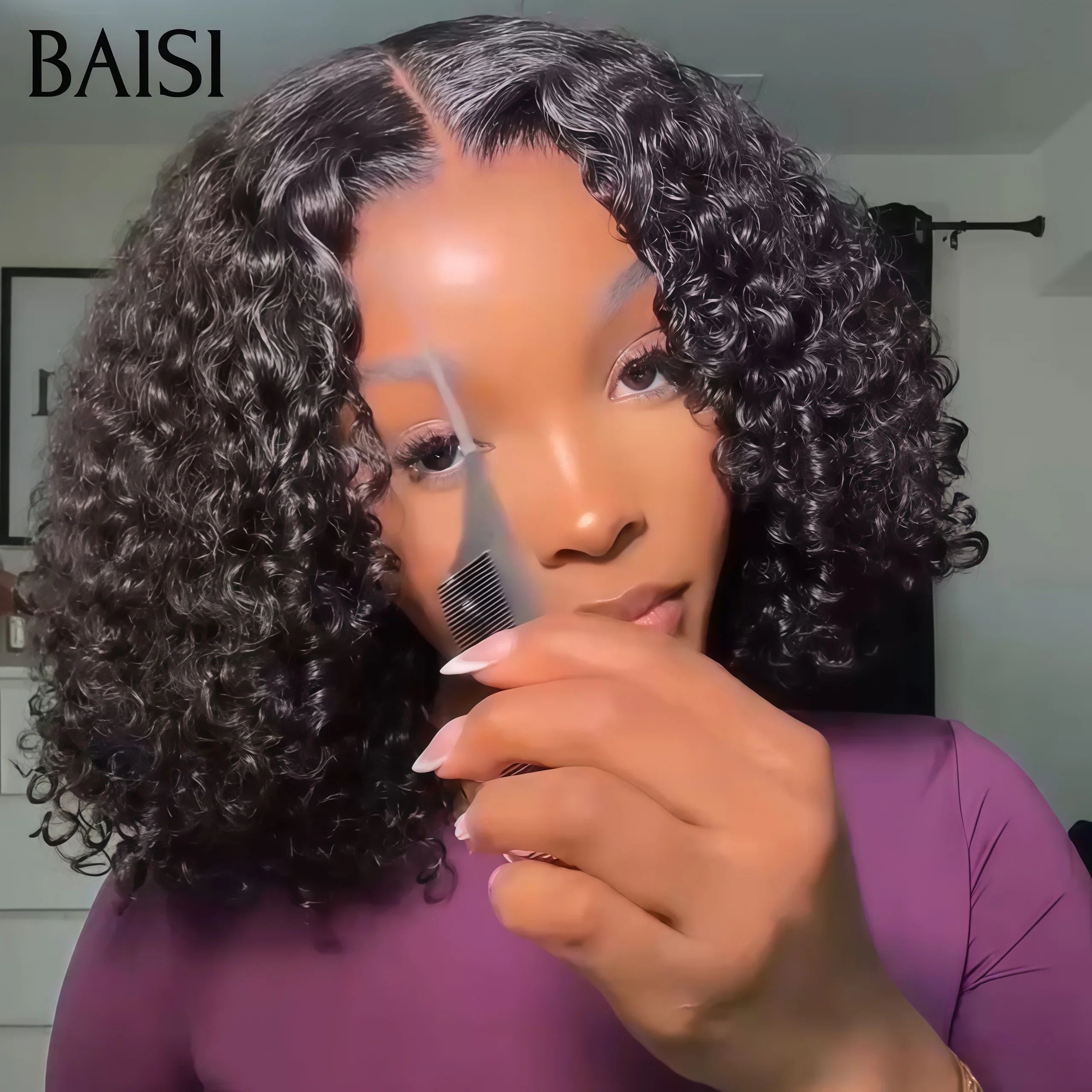 BAISI Perruques 4x4 Lace Perruque 250% de volume water wave NOIR en France Pré-plucked Pas Besoin de Colle en 100% Raw Hair Lace déjà couper BS60