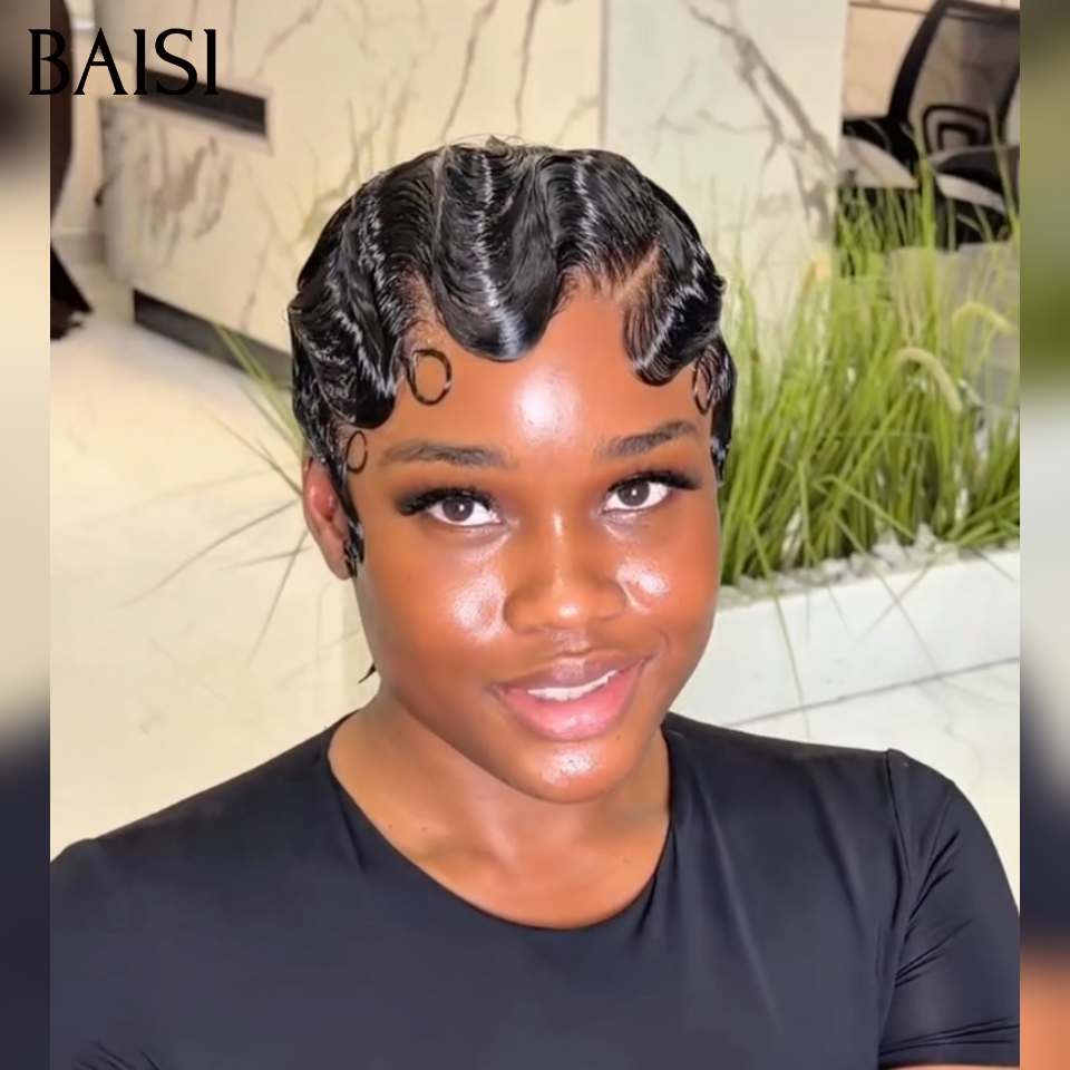 Vente flash 46€ Perruques pixie Sans Colle Fabriqué à la Machine Facile à porter ou Avec frontale 66€ en 100% Cheveux Humains for black women
