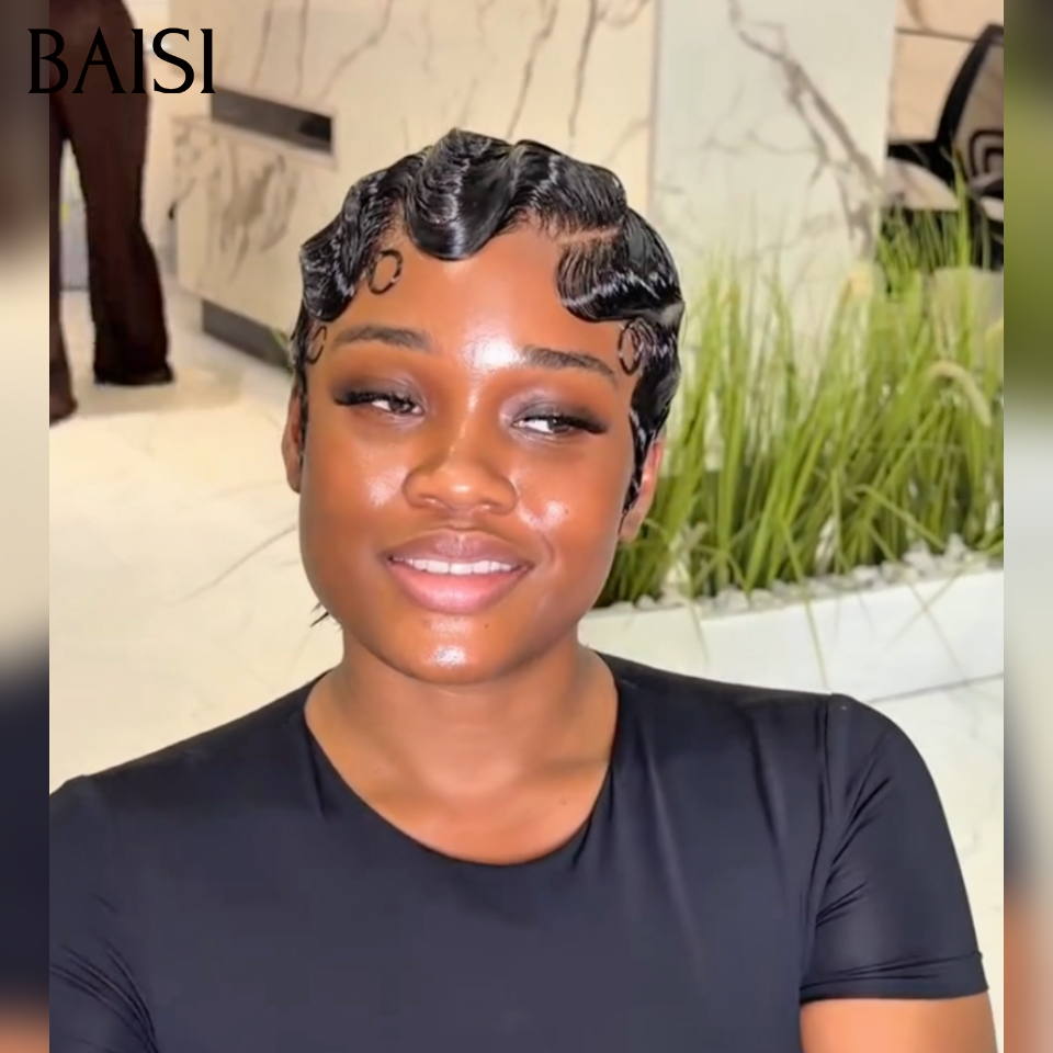 Vente flash 46€ Perruques pixie Sans Colle Fabriqué à la Machine Facile à porter ou Avec frontale 66€ en 100% Cheveux Humains for black women
