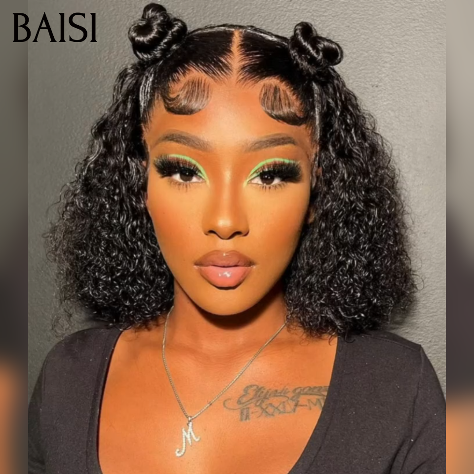 Perruque coiffée 14 pouce 99€ bob 13x4 lace frontal curly wave avec Queue de Cheval natte NOIR en 100% Cheveux Humains