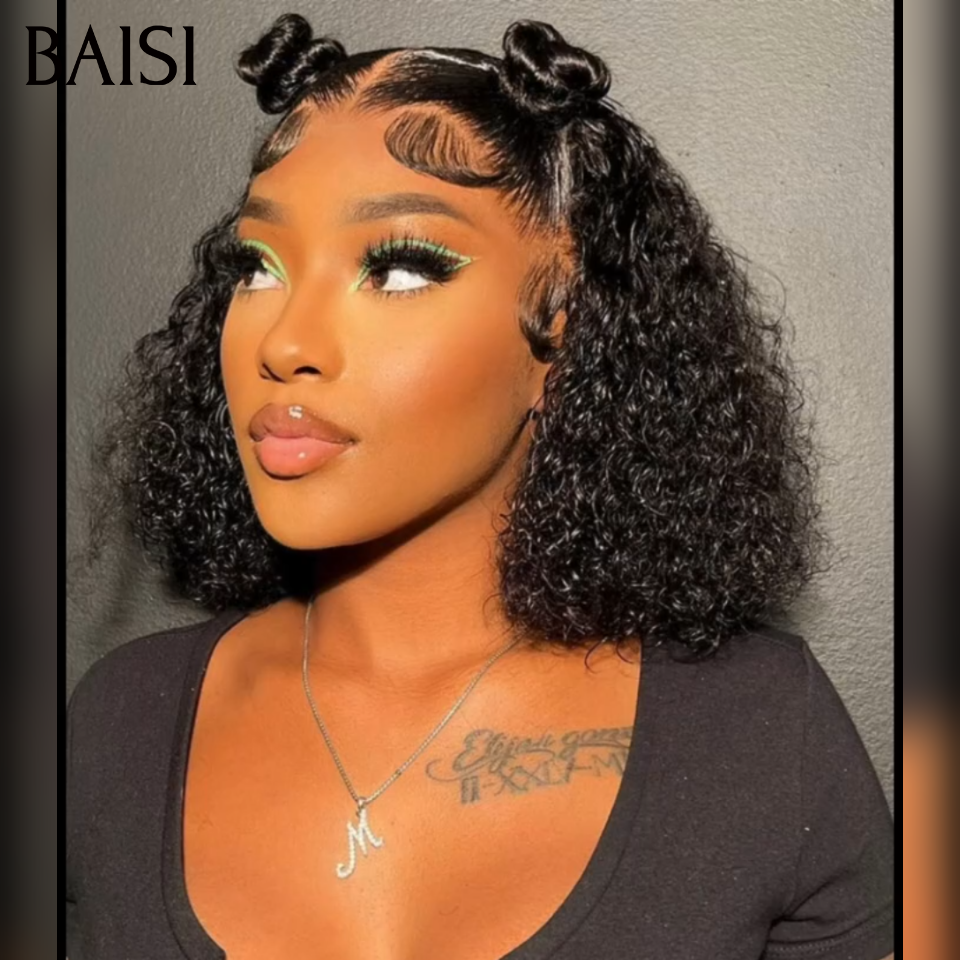 Perruque coiffée 14 pouce 99€ bob 13x4 lace frontal curly wave avec Queue de Cheval natte NOIR en 100% Cheveux Humains