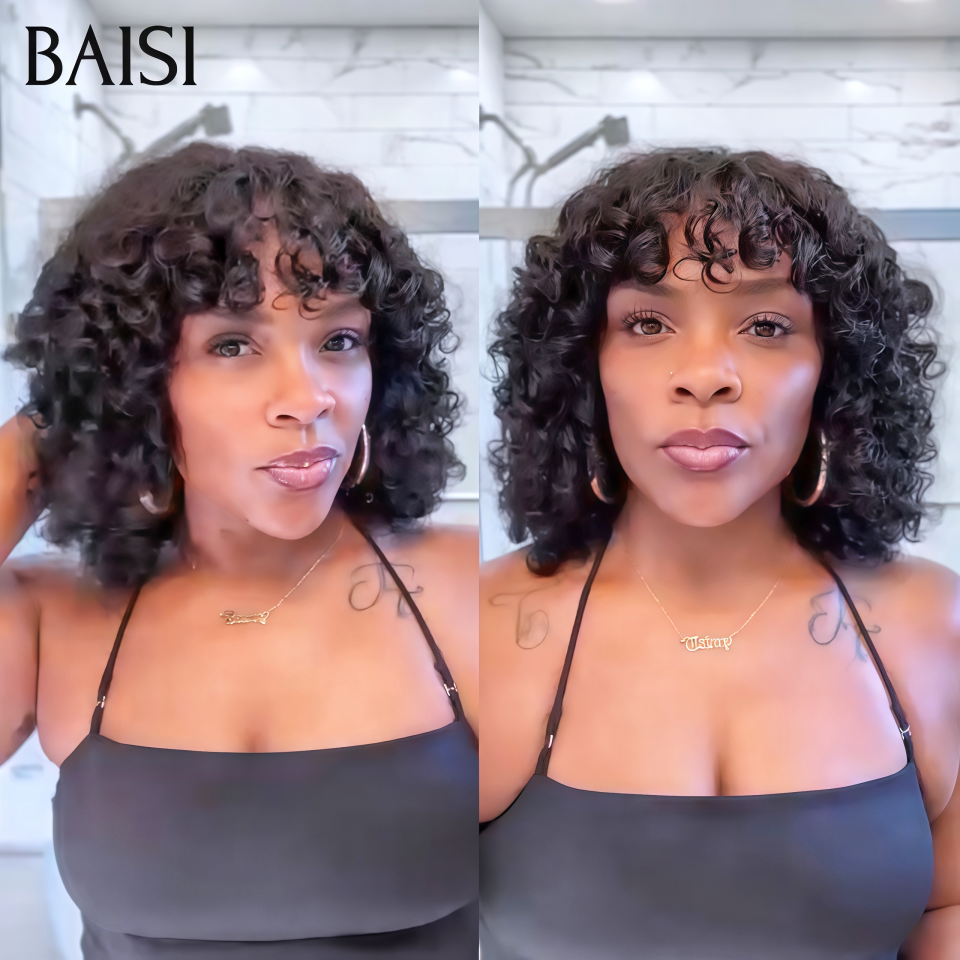BAISI  perruque water wave 12 pouces 1B# noir sans lace avec frange Prêt-à-porter 79€ en 100% cheveux humains