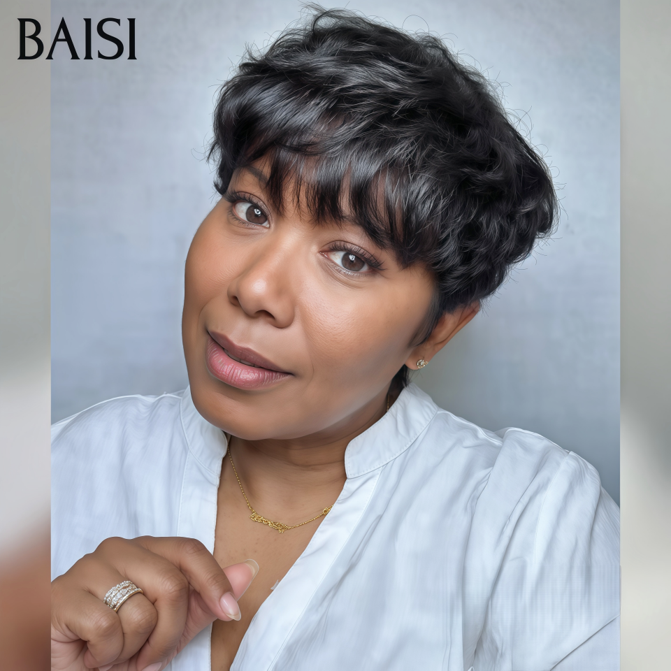 BAISI Wear et Go 45€ en France Perruque pixie straight Fabriqué à la Machine Promotion en couleur NOIR en 100% Cheveux Humains