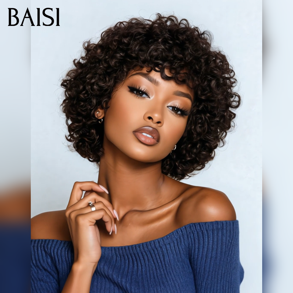 BAISI Perruque pixie Facile à porter curly wave sans Colle Fabriqué à la Machine NOIR Moitié Prix 69€ en 100% Cheveux Humains