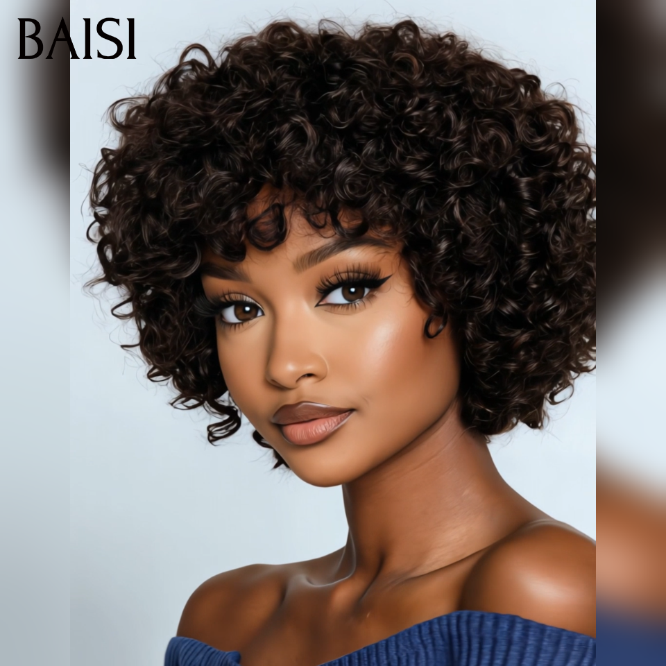 BAISI Perruque pixie Facile à porter curly wave sans Colle Fabriqué à la Machine NOIR Moitié Prix 69€ en 100% Cheveux Humains