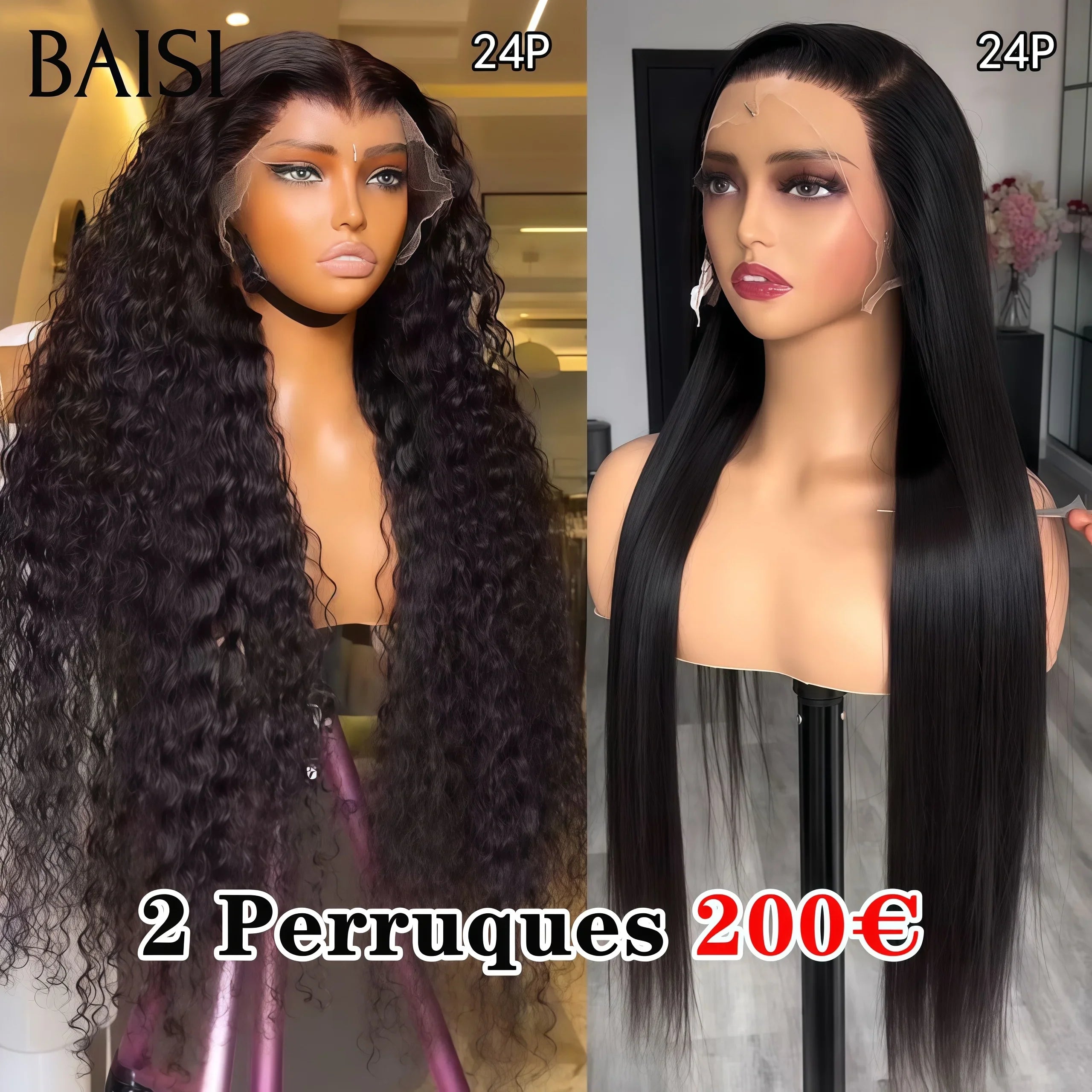 BAISI  2 Perruques pour revendre 200€ 13X4 curly wave et 4x4 lace closure Lisse 24 pouces couleur NOIR 200% densité en 100% vrais cheveux humains