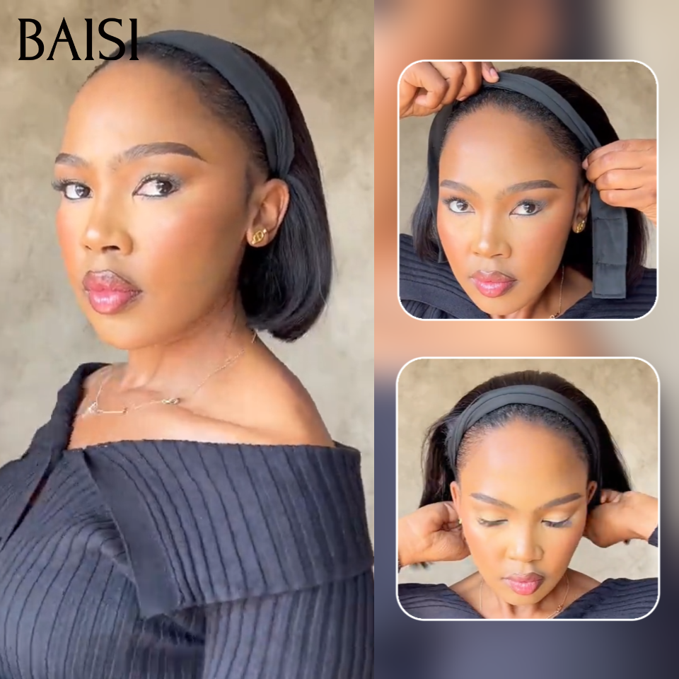 BAISI Perruque Bandeau BOB lisse 100% Vietnam Hair 10 pouces Fabriquée A La Machine sans Colle sans lace en 100% Cheveux Humains