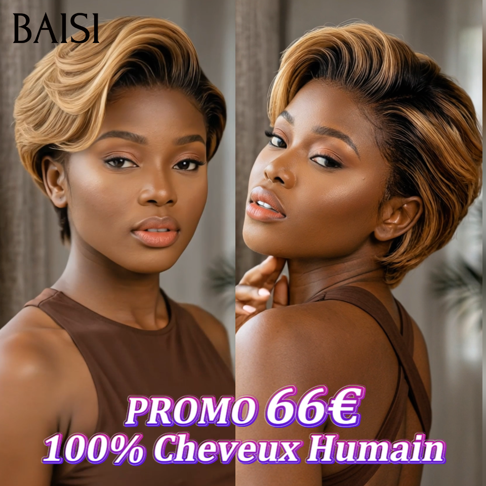 BAISI Offre Flash 13x4 Perruque Pixie boucles en mixte miel ou Noir Moitié Prix 50€ 200% densité Orange Pixie Coupe Pré-plucked 100% Cheveux Humains MP50