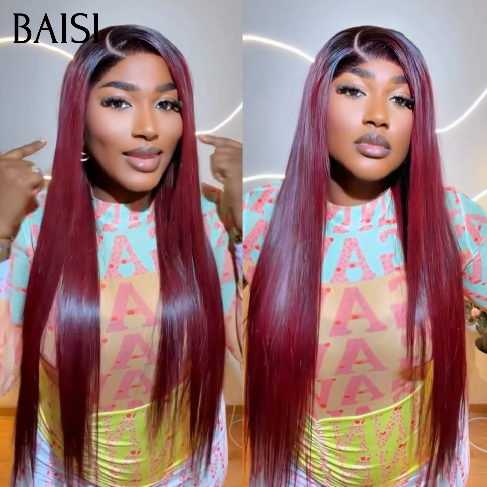 Perruque Moitié prix raw Hair 18 pouce 99€ 13x4 lace frontal Lisse en couleur 1BT99J#  bordeaux avec racine NOIR en 100% vrais cheveux humains