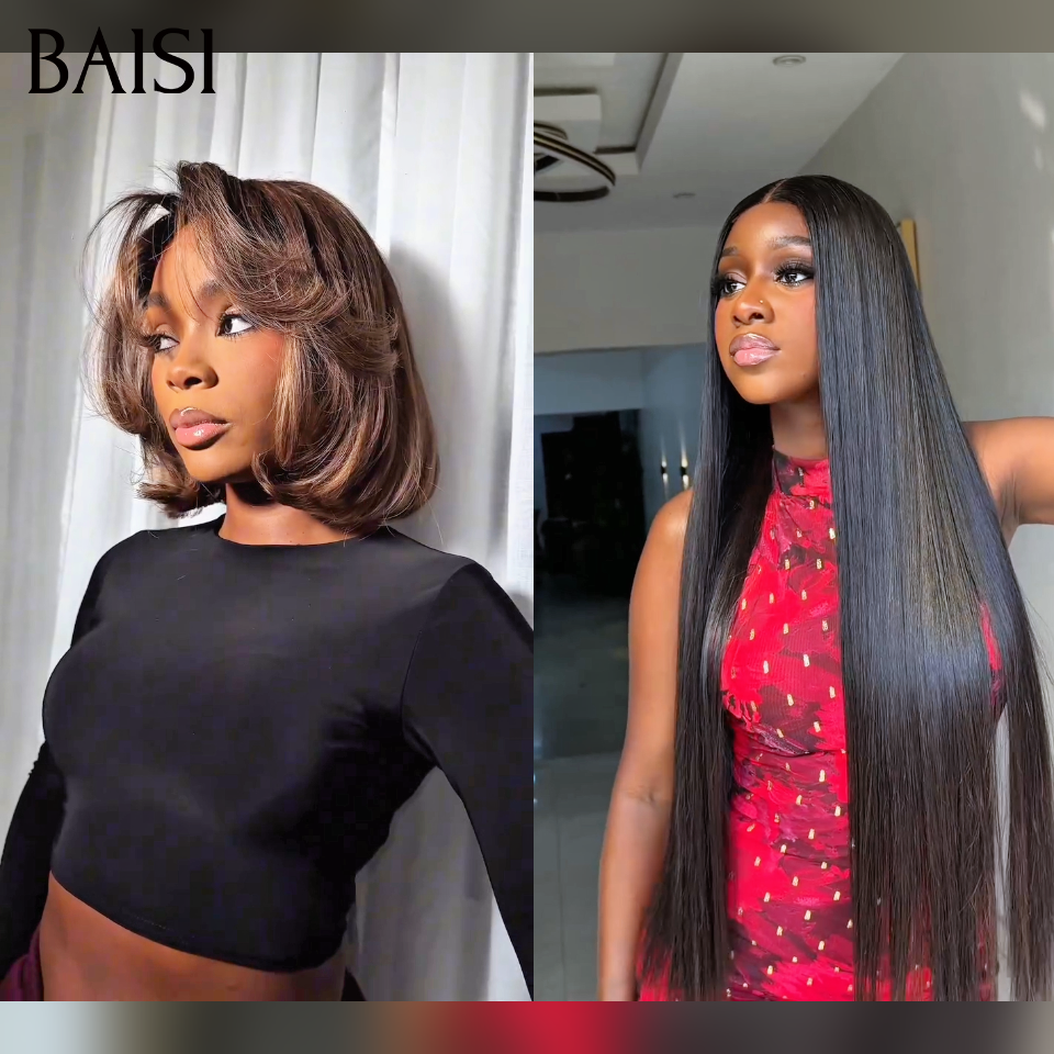 BAISI perruques Lace 13x4 1 longue + 1 courte = 200€ Lisse naturel NOIR en 100% vrais cheveux humains