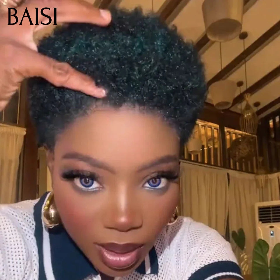 BAISI Parrucca Pixie Afro Curl 13x4 frontale in pizzo riccio all over Nero in capelli umani al 100% F-905