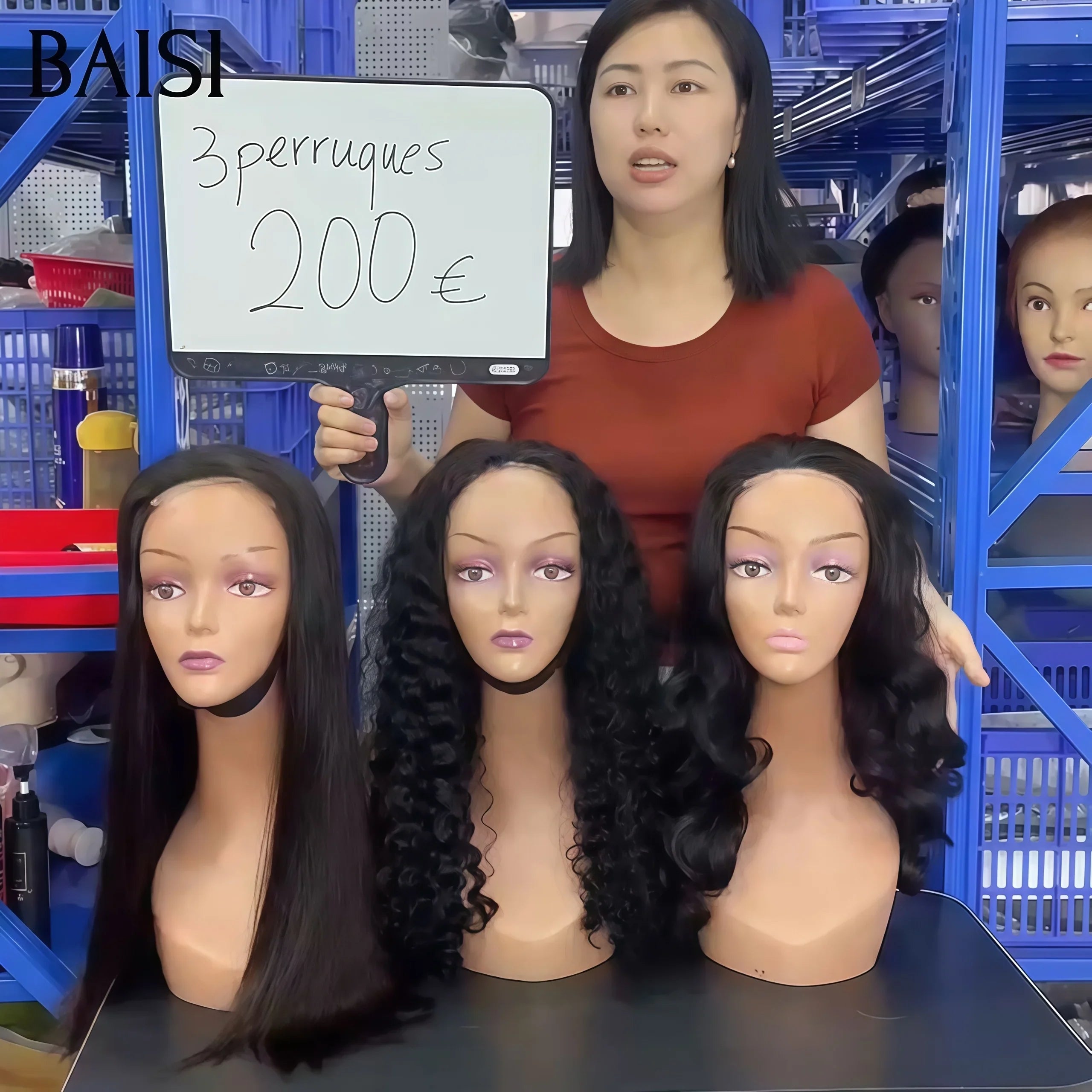 BAISI Lot de 3 perruques Flash Offer PROMOTION 200€  4X4 lace closure 18 Pouces curly wave et body wave et lisse NOIR en 100% vrais cheveux humains FR20